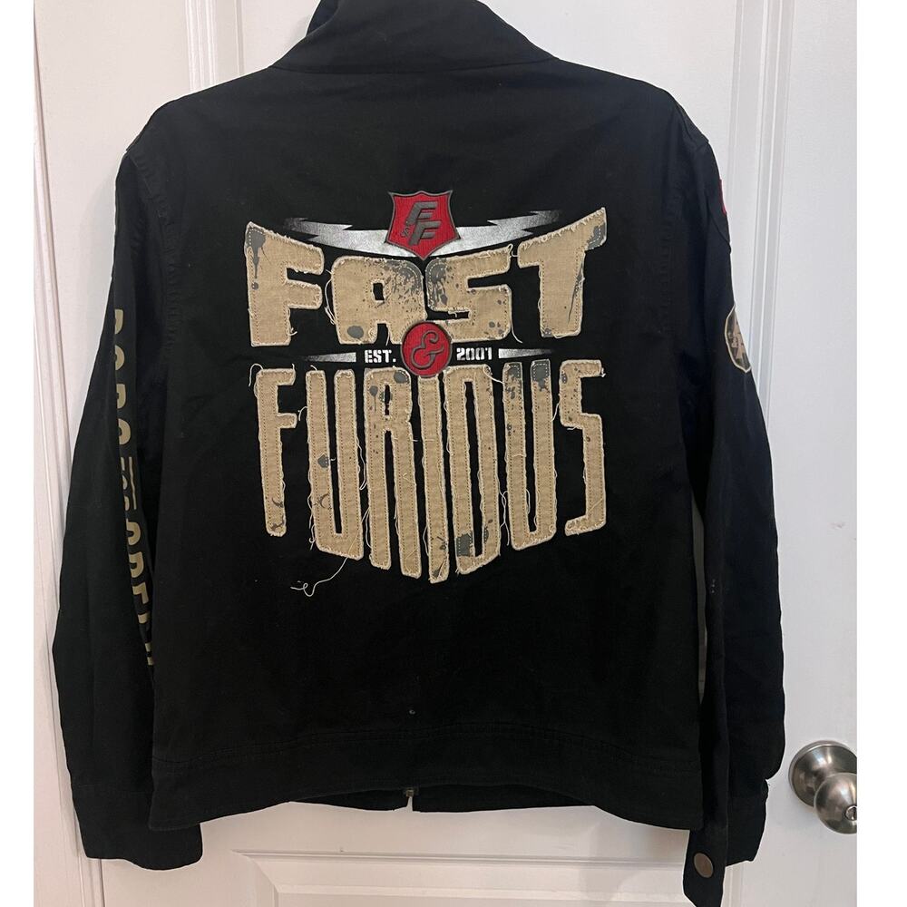 Fast & Furious Universal Studios Black Denim Full Zip Pocket Jacket S Racing Y2K